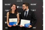 Erica Da Veiga, founder and partner of Vertis Aviation with the Women in Aviation Award and Siro Mug